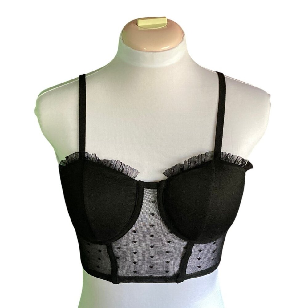Bozzolo Black Lace Mesh Padded Bralette, Size Small Cropped Corset Top Stretchy